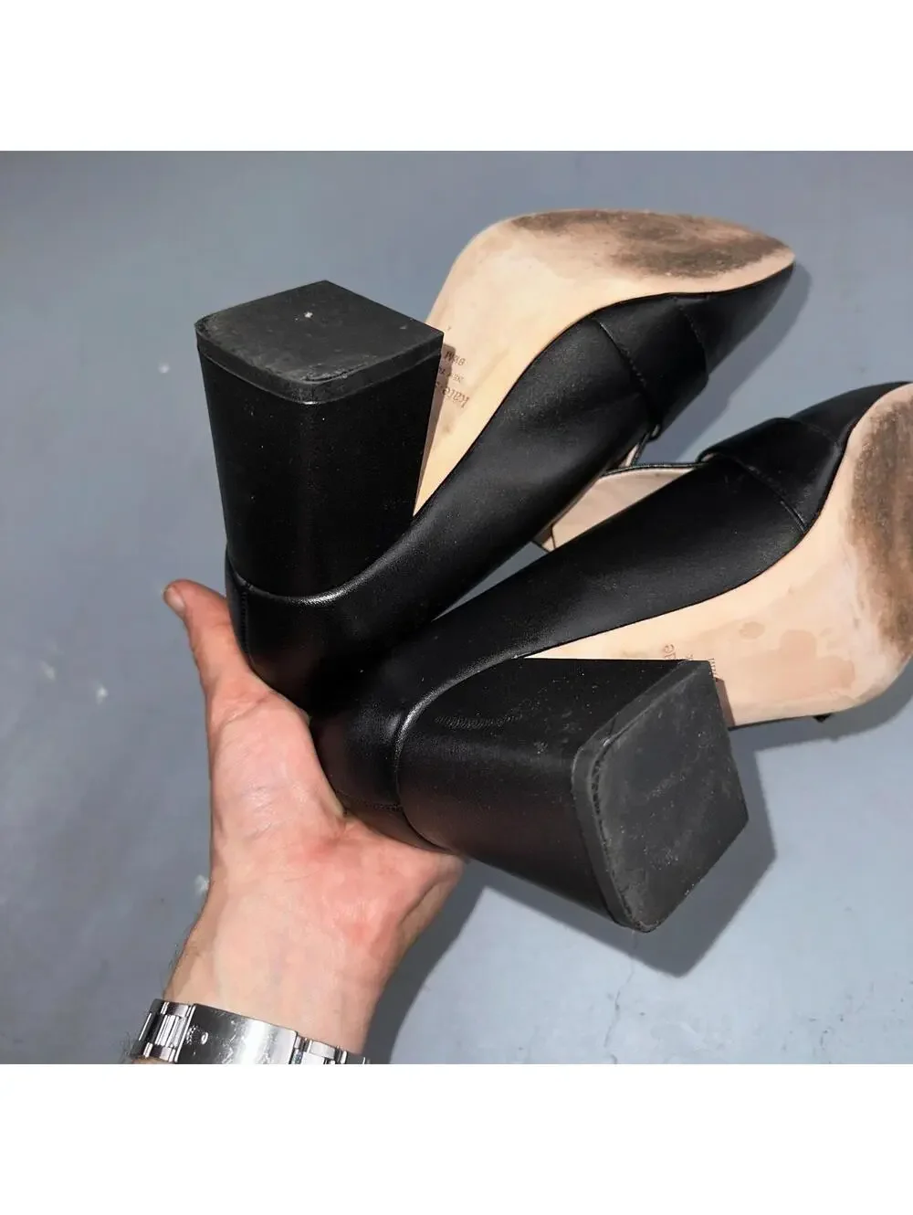 Kate Spade Alia Black Block Heel Pump 9.5 Leather Chunky Silver Tone Buckle